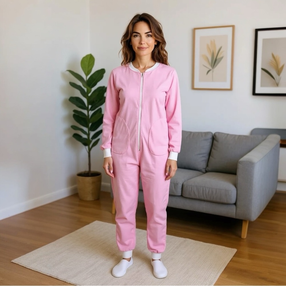 🌸Women’s Cozy Pink Zip-Front Onesie Jumpsuit Loungewear/Sleepwear